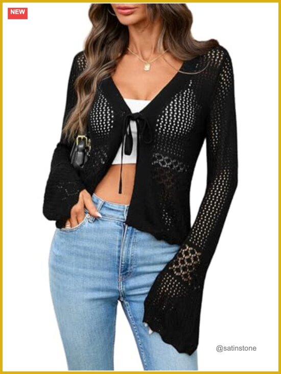 Sweaters - Crochet Tie Front Cardigan Bell Sleeves Lightweight Knit Boho Shrug Sweater
